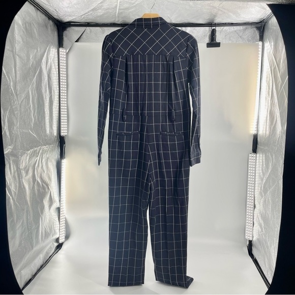 PEARL Lela Rose Navy Blue Checkered Plaid Long Sleeve Collared Minimal Jumpsuit - Picture 9 of 13